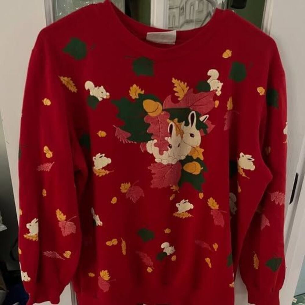 Vintage Red Autumn Graphic Sweatshirt with Bunnies and Squirrels